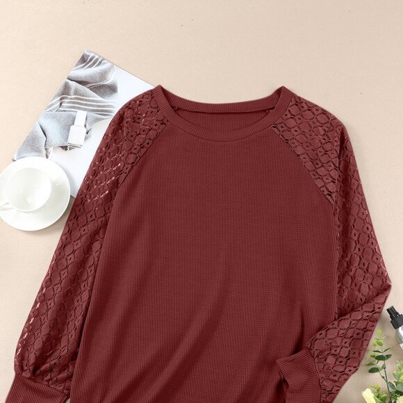 Red Eyelet Lace Raglan Sleeve Drop Shoulder Plus Size Top - Picture 2 of 11